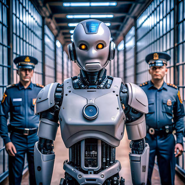 AI robot digital prison - A futuristic robot stands confidently in a prison hallway flanked ...