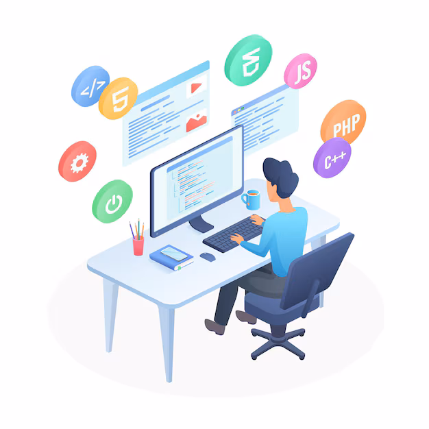 Developer coding on computer - Software engineer developer coding computer program | Premium Vector