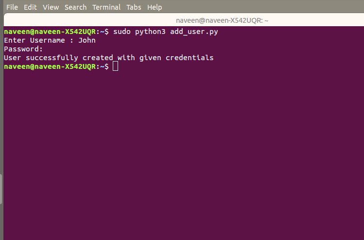 Python code on Linux terminal - Add a User in Linux using Python Script - GeeksforGeeks