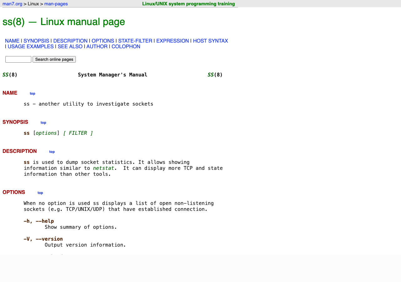 Linux man page for the ss command