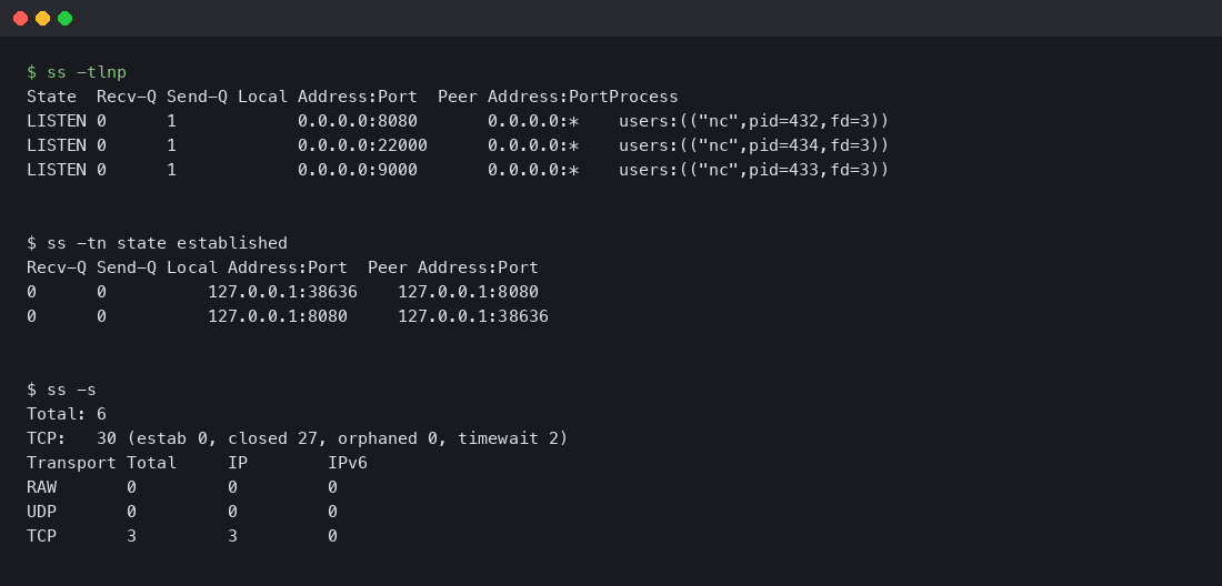Terminal output showing ss listing TCP listeners and established connections