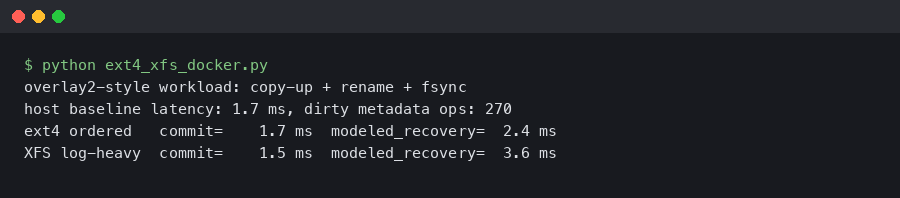Terminal output for ext4 vs XFS for Docker overlay2 storage latency and recovery