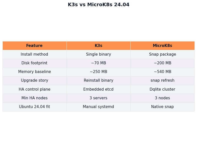 Comparison: K3s vs MicroK8s 24.04
